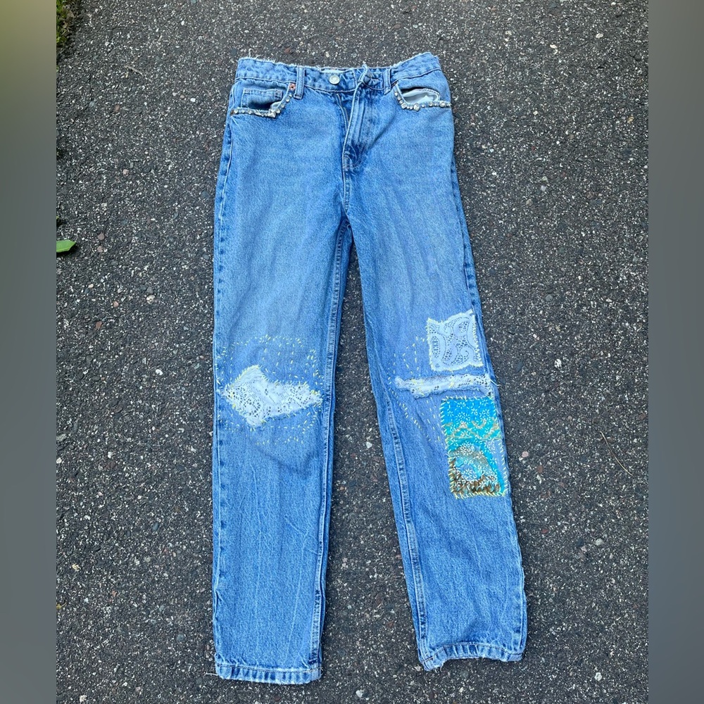 Embellished Upcycled Zara Blue Jeans with Patchwork